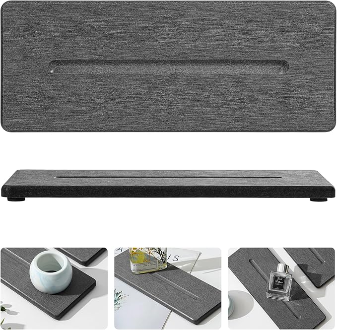 2 Pack Diatomite Stone Sink Tray, Water Absorbing Mat for Kitchen & Bathroom Counter, Quick Dry Soap Dish Makeup Vanity Caddy,Sponge Holder Organizer, Dark Gray - 2pcs of 9"x 3.5"