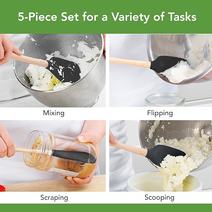 Tovolo Silicone Spatula with Wooden Handle Set of 5 Piece Silicone Kitchen Utensil Set Spoonula Jar Scraper Mini Spatula and Spoonula for Cooking Baking Mixing Folding Black Cookware Set