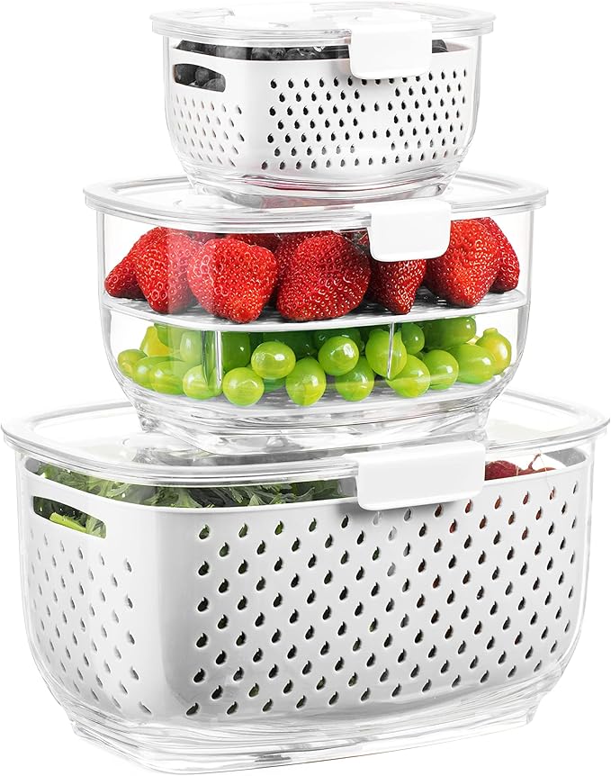 LUXEAR Fresh Produce Vegetable Fruit Storage Containers 3Piece Set, BPA-free, Partitioned Salad Container, Fridge Organizers, Used in Storing Fruits Vegetables, White