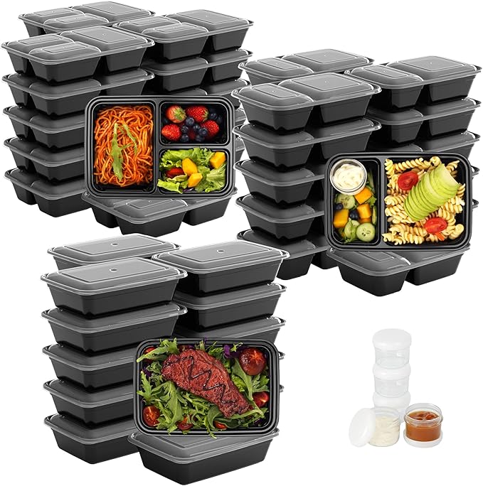 LISI 100-Piece Meal Prep Containers, 33oz Large Food Storage Containers with lids with 1, 2, 3-Compartment, Freezer Safe To-Go/Take-Out Boxes