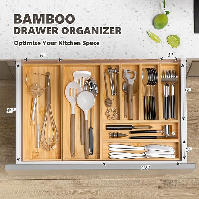 Kitchen Drawer Organizer Tray, Stackable Bamboo Deep Drawer Organizer for Large Silverware, Utensils, Cutlery, Flatware,Junk Drawer, Dresser, Bathroom