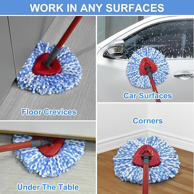 Spin Mop Replace Head, Base, Scrubber, Mop Handle for OCedar RinseClean 2-Tank System, Include 2 Microfiber Mop Refills, 1 Mop Handle, 1 Base and 1 Scrub Brush for Dry Wet Use Floor Deep Cleaning