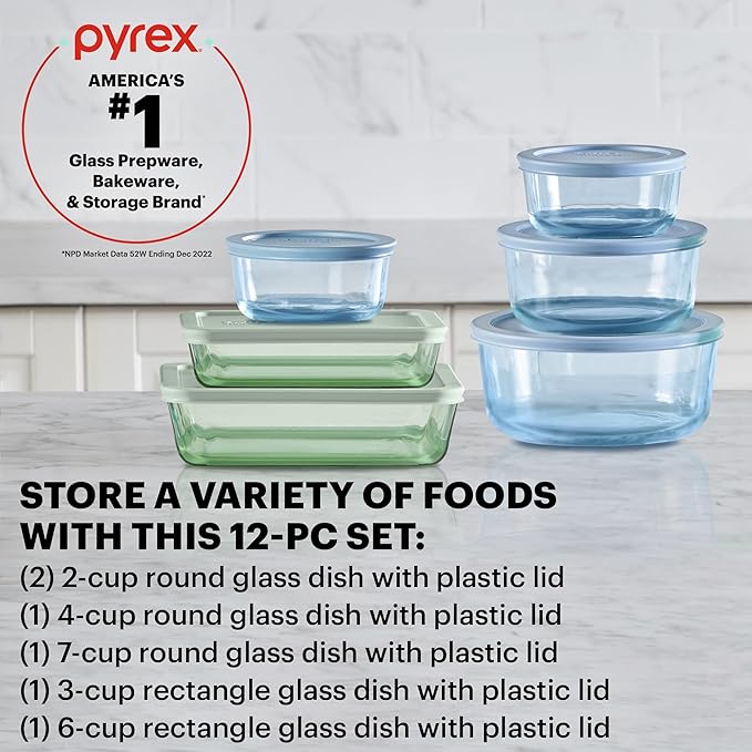 Pyrex Colors Tinted (12-PC Full Set) Small/Medium/Large Food Storage Container Set, Snug Fit Non-Toxic Plastic BPA-Free Lids