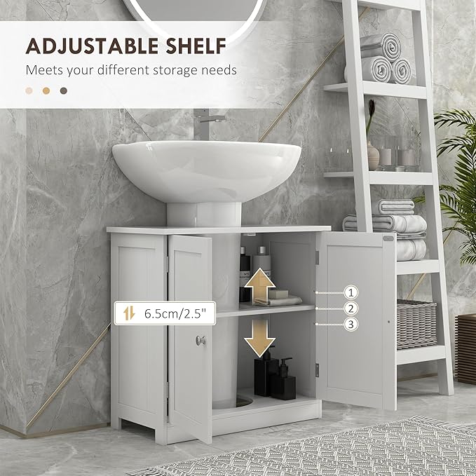 HOMCOM Under Sink Bathroom Cabinet, Pedestal Sink Storage Cabinet with 2 Doors, Shelf and U-Shape, White