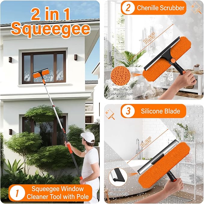 26FT High Reach Duster Cleaning Kit with 5-20 FT Extension Pole,High Ceiling Dusting and Window Cleaning Kit with Microfiber Feather Duster,Cobweb Duster,Ceiling Fan Duster,Window Squeegee Cleaner