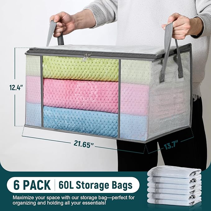 6-Pack Clothes Storage Bags, Plastic Foldable Blanket Storage bins