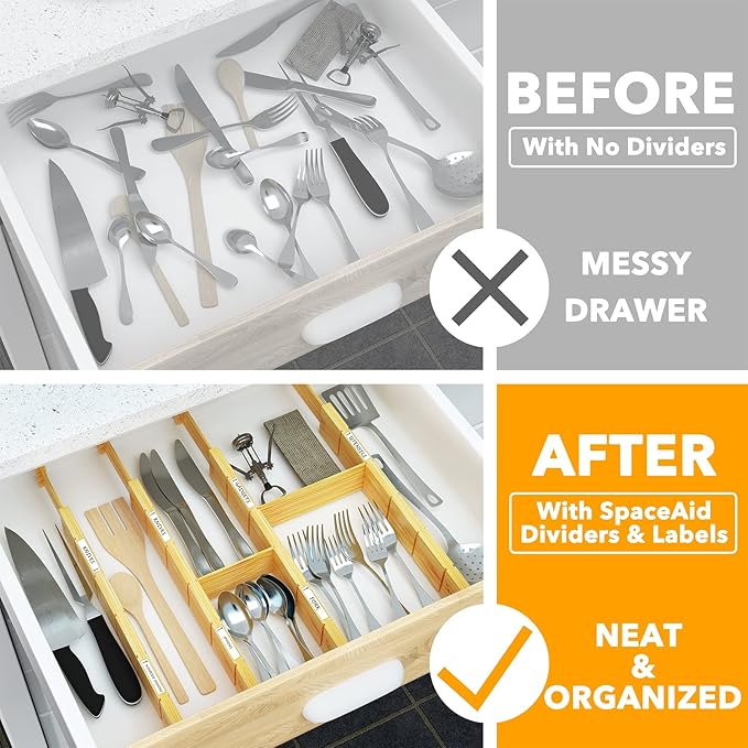 SpaceAid Bamboo Drawer Dividers with Inserts and Labels, Kitchen Adjustable Drawer Organizers, Expandable Organization for Home, Office, Dressers and Bathroom, 8 Dividers with 18 Inserts (17-22 in)