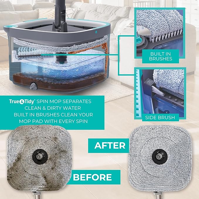 True & Tidy True Clean Spin Mop & Bucket System – Dual Compartment Design for Clean & Dirty Water, 360° Swivel Mop Head, Built-in Scrubbing Brush, Stainless Steel Handle & 2 Reusable Microfiber Pads