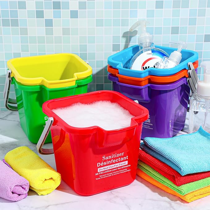 Vesici 6 Sets 3 Quart Cleaning Bucket with Microfiber Cleaning Cloths Small Sanitizing Square Bucket Detergent Plastic Utility Pail with Handle for Household Restaurant Office School Use (Colorful)