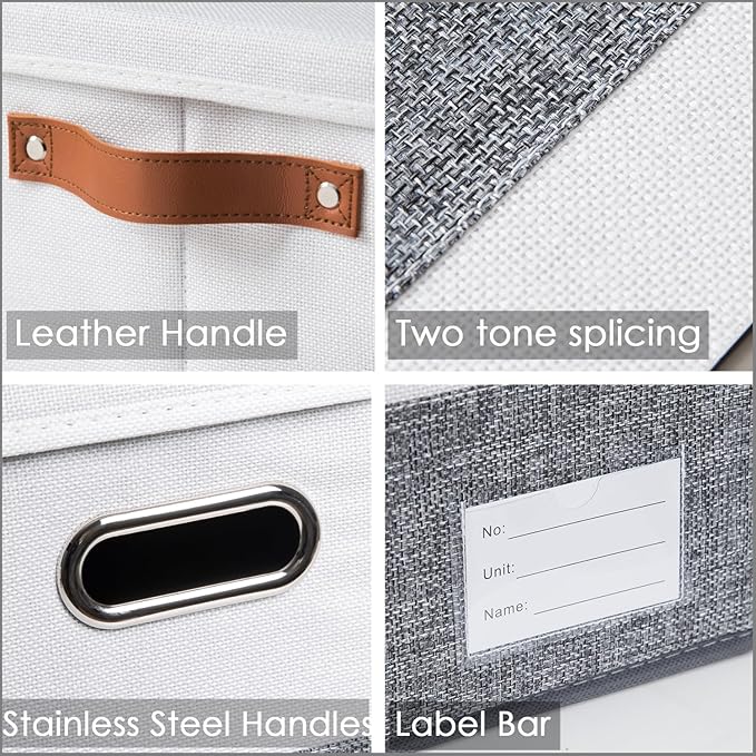 PRANDOM Storage Bins [3-Pack] Linen Foldable Boxes - Grey & White