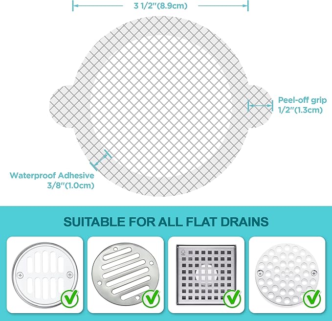 100 Pack Disposable Shower Drain Hair Catcher Mesh Stickers - Peel & Stick Drain Strainers to Prevent Clogs, Strong Waterproof Adhesive