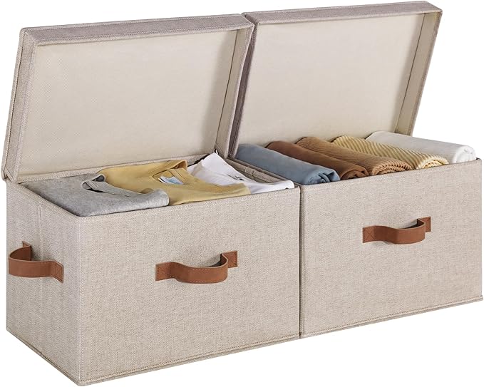StorageWorks Fabric Storage Bins with Lid, Decorative Storage Boxes for Shelves, Stackable Closet Organizer Basket with Handles, Large