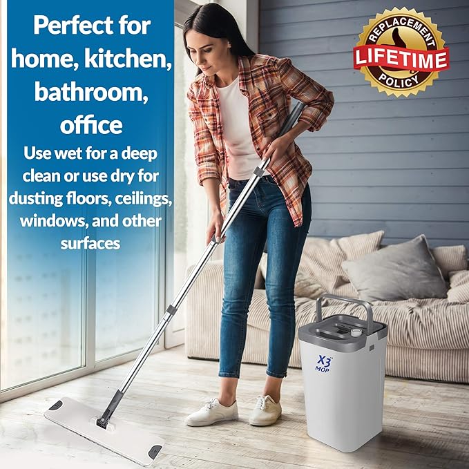 X3 Mop, Separates Dirty and Clean Water, 3-Chamber Design, Flat Mop and Bucket Set, Hands Free Home Floor Cleaning, 3 Reusable Microfiber Mop Pads Included (Original X3 Mop)