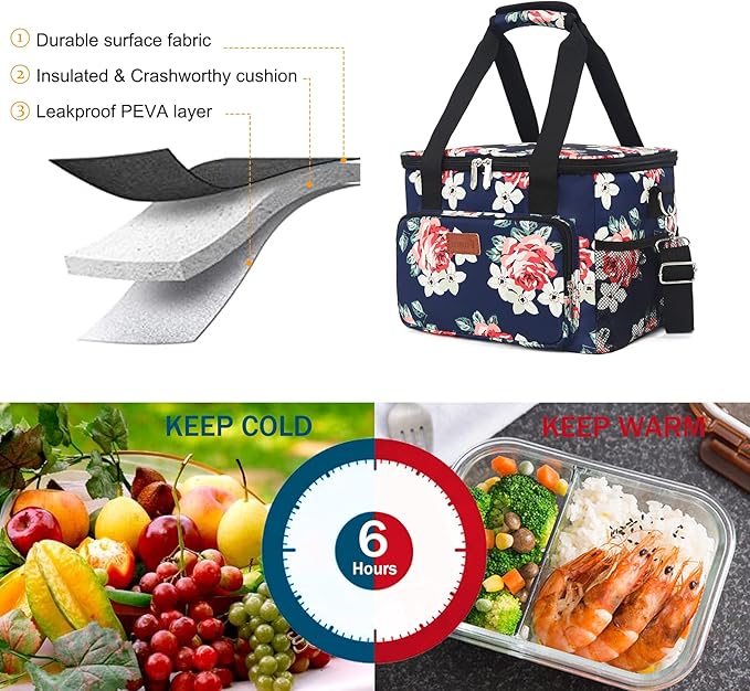 Femuar Lunch Bags for Women/Men, Insulated Lunch Bag for Work Office Picnic - Large Lunch Cooler Bag Leakproof Lunch Box with Adjustable Shoulder Strap for Adults - Floral(15L)