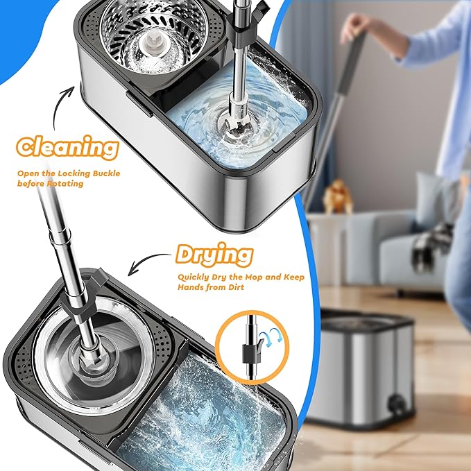 Spin Mop and Bucket with Wringer Set for Home,360° Mop and Bucket with Separate Clean and Dirty Water,Wet Dust Mop for Floor Cleaning with Extra Refills (Square Silver)