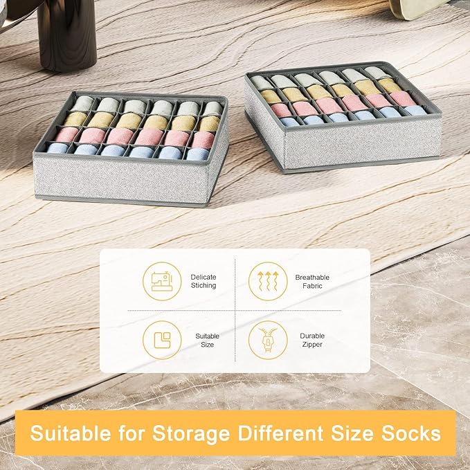 Joyoldelf Sock Drawer Organizer Underwear Organizer, 24 Cell Collapsible Closet Organizer Underwear Storage Boxes for Socks, Ties, Belts (Gray)