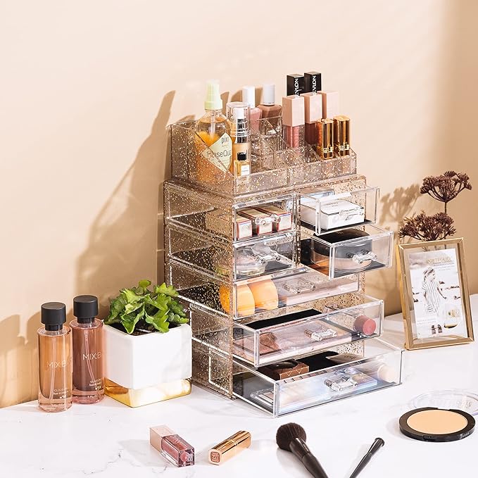 Sorbus Acrylic Makeup Organizer Set, 7-Drawer Vanity & Countertop Cosmetic Storage with Small & Wide Compartments, Glitter Makeup Storage for Brushes