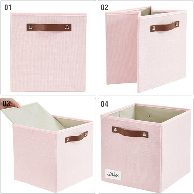 Bagnizer Collapsible Fabric Storage Cube Bins with 2 Reinforced PU Handles, Foldable Storage Organizer Baskets for Closet, Shelves, Living Room | 11"x11"x11", 4 Pack, Full Pink