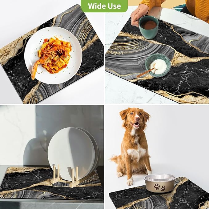 Dish Drying Mat for Kitchen Counter, Black Marble Gold Agate Design, Washable Absorbent Quick Dry Pad with Rubber Backing, Draining Mat for Dishes Coffee Table, 16" x 24"