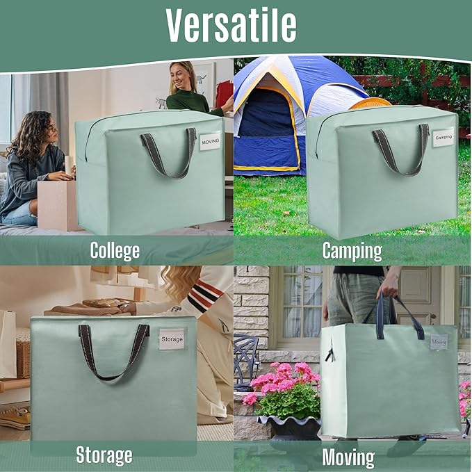 VENO 4 Pack Heavy Duty Moving Bags, Storage Bags, Packing Supplies, Top Zipper, Storage Totes for Camping, Clothes, Bedding, Comforters, Pillows (22 Gallon Light Green, 4 Pack)