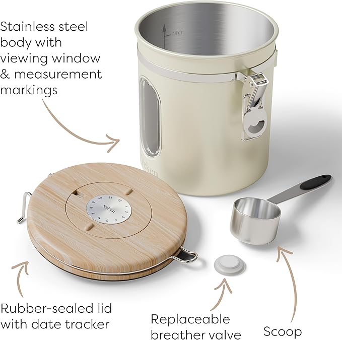 Veken Coffee Sugar Canister with Window, Airtight Stainless Steel Kitchen Food Storage Container with Lids, Date Tracker and Scoop for Grounds Coffee