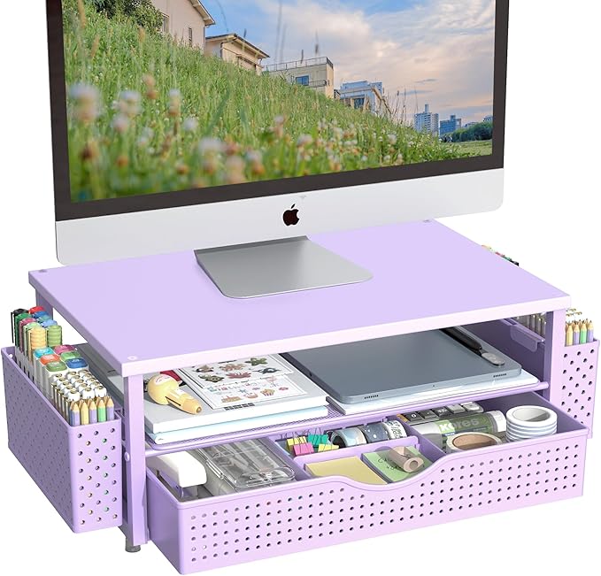 Spacrea Desk Organizer and Accessories, Computer Monitor Stand Riser with Drawer and 2 Pen Holders