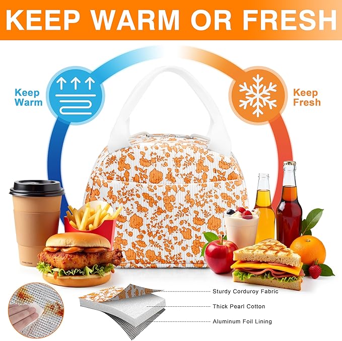 TESAFNG Lunch Bag - Insulated Lunch Box for Women, Reusable Large Capacity Cooler Bag for Adult, Small Leakproof Cute Corduroy Lunch Tote for Work Office Travel Picnic (Corduroy Orange-Flower)