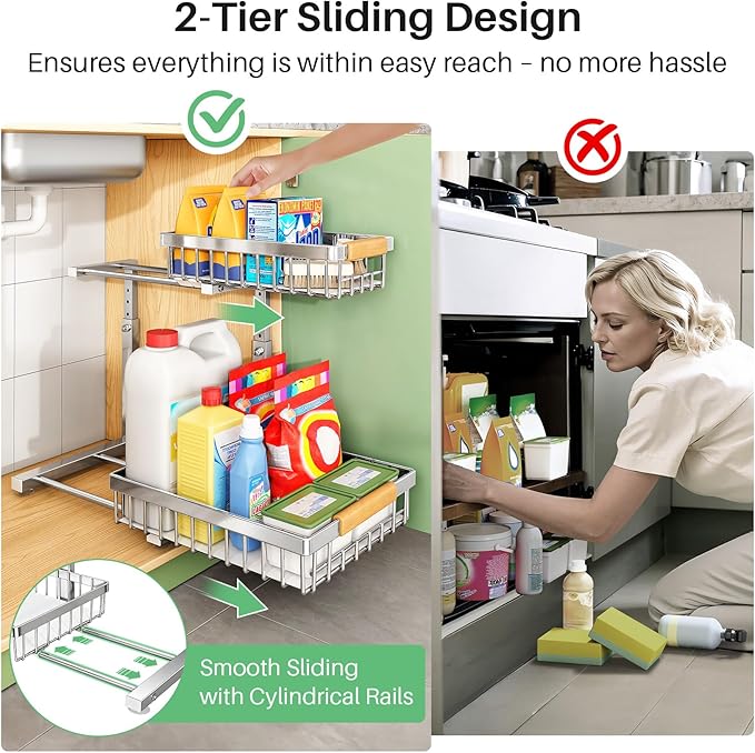 Under Sink Organizer, Stainless Steel 2 Packs 2 Tier Under Sink Organizers and Storage, Slide out Pull out Cabinet Shelf