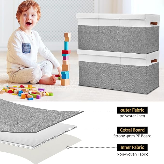 Gowee Extra Large Toy Storage Box with Lid, Sturdy Toys Storage Chest Bin Organizer Basket with Dividers for Kids, Boys, Girls, Nursery, Closet, Bedroom, Playroom 35.5"x17" x17"(Grey and White)