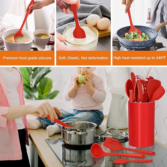 LIANYU 14 Pcs Cooking Utensils Set with Holder, Heat Resistant Silicone Kitchen Cookware Utensils Set, Kitchen Cooking Tools Includes Spatula Spoon Turner Whisk Tong, Dishwasher safe, Red