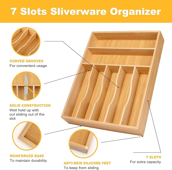 Kitchen Bamboo Silverware Organizer, Kitchen Drawer Organizer, Natural