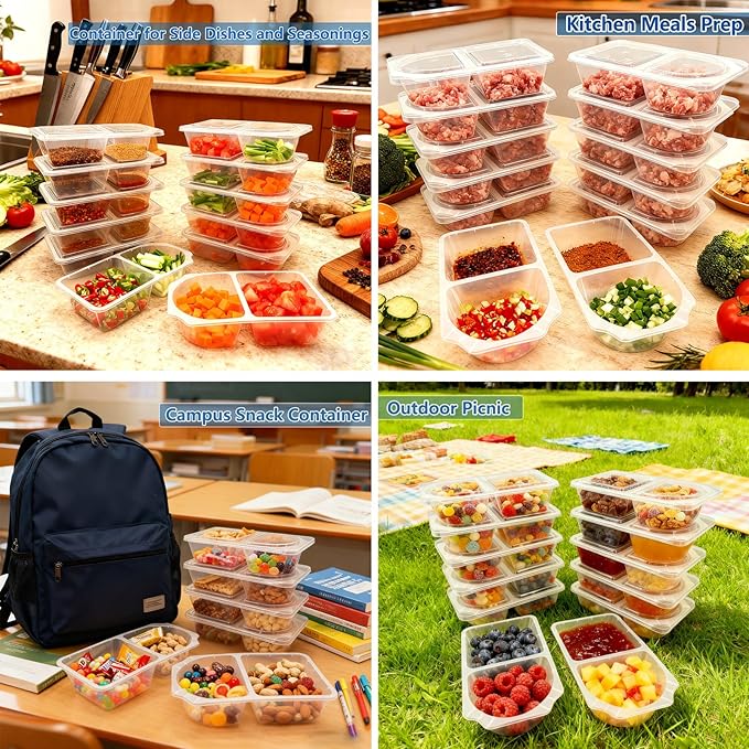 10 OZ New Snack Pack Containers &Reusable Snack Containers with Lids-Double Compartment Meal Prep Containers,Compartment Condiment Containers,Perfect for Bulk Meal Prep & On-the-Go (20 Sets)