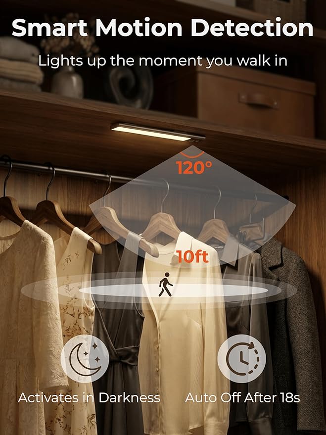 9 inch Under Cabinet Lighting, Cordless USB Rechargeable Motion Sensor Closet Light Indoor, Magnetic Adhesive LED Lights, Peel and Stick Light Bar for Counter, Shelf, Stairs, Pantry (2 Pack)