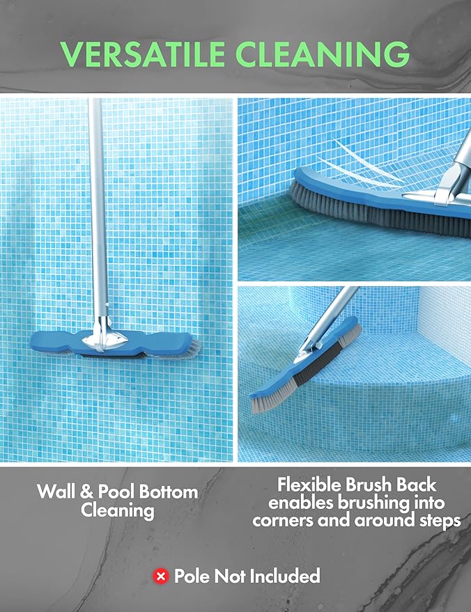 KEMANO Heavy Duty Pool Brush Head, Premium Nylon Bristles Non-Abrasive Cleaning, Reinforced Aluminum Frame, Ideal for Pool Walls, Steps, Corners, Above Ground & Inground Swimming Pool Cleaning Tools