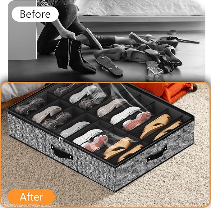 homyfort 32 Pairs Shoe Organizer Under Bed, Underbed Shoe Storage Boxes Bins, Organizador De Zapatos, Extra Large Zapateras Organizer, Black, Set of 2