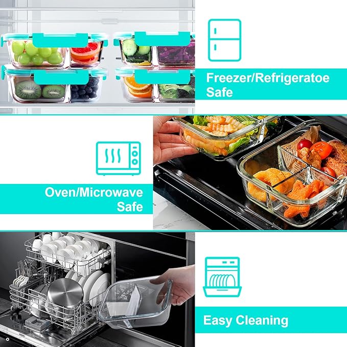 VERONES 5 Pack Glass Meal Prep Containers 3 Compartment Set, 36OZ Airtight Glass Lunch Containers, Glass Food Storage Containers with Lids