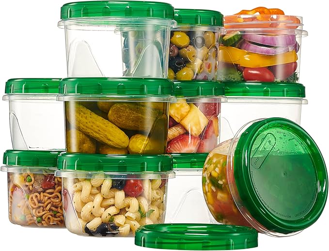 PLASTICPRO 12 Pack Twist Cap Food Storage Containers with Green Screw on Lid- 16 oz Reusable Meal Prep Containers