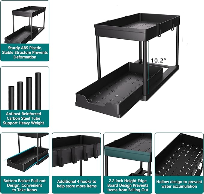 Under Sink Organizer 2 Pack, Bathroom Cabinet Organizer