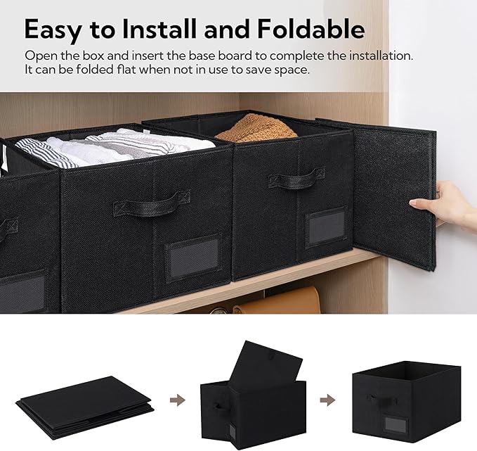 GRANNY SAYS Storage Baskets for Shelves, Fabric Storage Bins for Clothes, Closet Organization Bins, Collapsible Storage Bins with Handles, Decorative Storage Box, Black, Large, 3-Pack