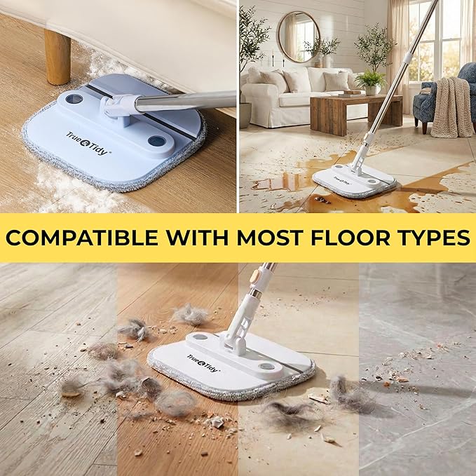 True & Tidy® TrueClean Spin Mop 2.0 w/Detachable Inner Bucket, Self Standing, Separates Clean and Dirty Water, Foldable Square Mop Head, Triple Jet Stream w/Hidden Brush, Replaceable 2pc Pads