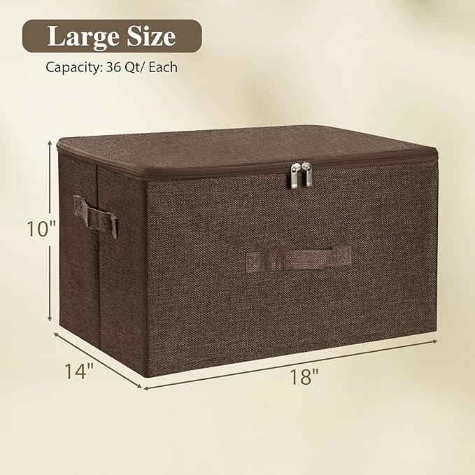 ANMINY Storage Bins with Zipper Lids 36 Qt Lidded Fabric Storage Boxes Baskets Cubes with Handles Collapsible Washable Cotton Linen Closet Shelf