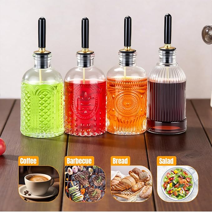 Baalaka 4-Pack Coffee Syrup Dispenser, 7 OZ/200ML Honey Dispenser, Small Syrup Bottles with Funnel & Extra Nozzles, Glass Syrup Dispenser for Coffee Shop, Home Kitchen