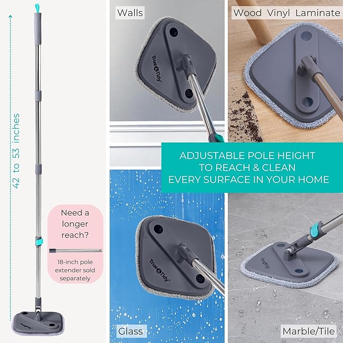 True & Tidy True Clean Spin Mop & Bucket System – Dual Compartment Design for Clean & Dirty Water, 360° Swivel Mop Head, Built-in Scrubbing Brush, Stainless Steel Handle & 2 Reusable Microfiber Pads