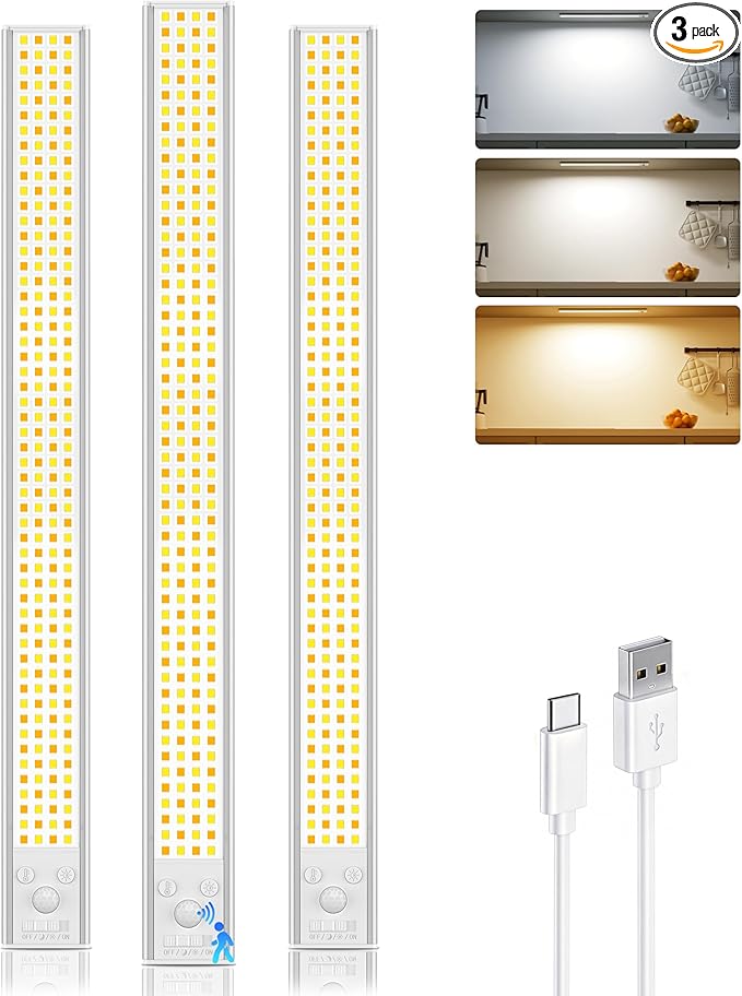 16inch Under Cabinet Lighting Wireless, 216LED Motion Sensor Light Indoor, USB Rechargeable Closet Lights, 3 Color Temps & Dimmable, Stick On Under Counter Lights for Kitchen, Pantry, Stairs, 3 Pack