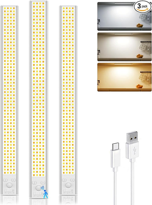 16inch Under Cabinet Lighting Wireless, 216LED Motion Sensor Light Indoor, USB Rechargeable Closet Lights, 3 Color Temps & Dimmable, Stick On Under Counter Lights for Kitchen, Pantry, Stairs, 3 Pack