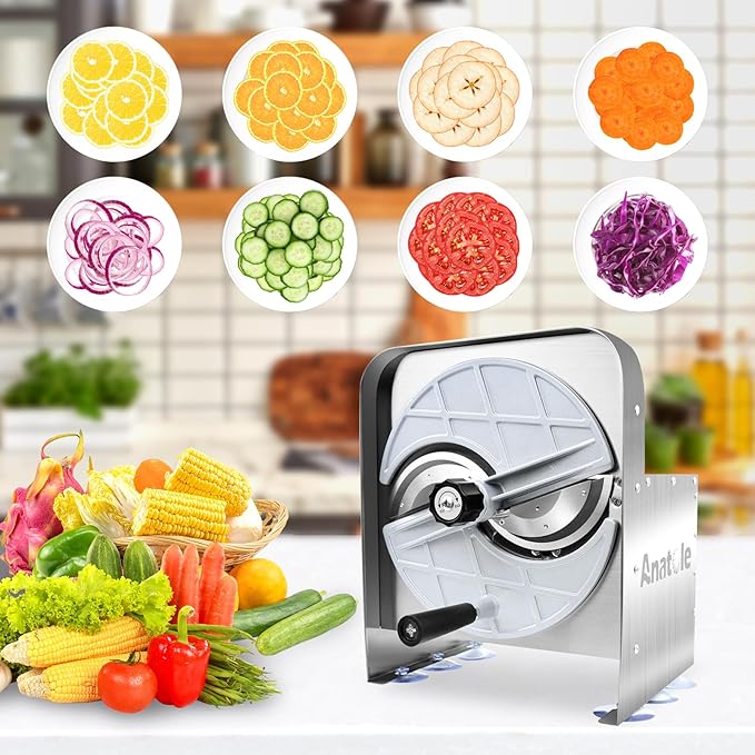 Anatole Commercial Vegetable Slicer Stainless Steel 0-0.4'' Thickness Adjustable Manual Veggie Fruit Cutter for Tomato Onion Potato Cabbage Lime Orange