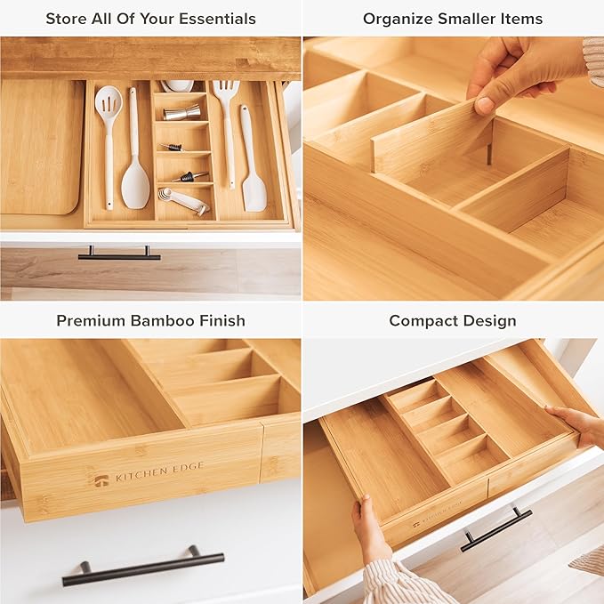 KitchenEdge Adjustable Kitchen Drawer Organizer for Utensils and Junk, Food-Safe Contract Grade with 100% Sustainable Wood