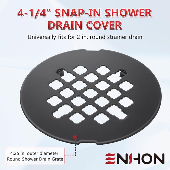 Enhon 2 Pack 4-1/4 Snap in Shower Drain Cover, Round Strainer Drain Grid, Bathroom Shower Grate Cap Replacement for Hair Catcher(Matte Black