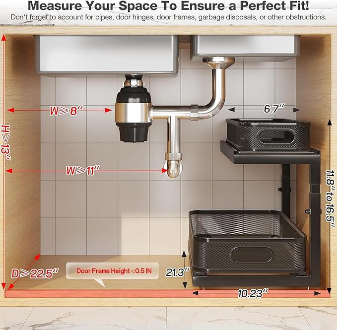2-Pack 21.3 IN Depth Under Sink Organizer With Next-Gen Ball-Bearing Slides,Sophisticated Mesh 2-Tier Pull Out Shelf for Kitchen & Bathroom,Fits Small Items-Black