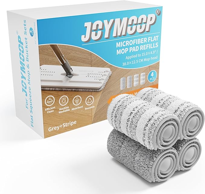 JOYMOOP Flat Mop Pads, Microfiber Mop Cleaning Pads, Washable Pads, Pads Replacement Flat Mop or Mop Bucket Set, Pack of 4 Refills 15inch - Grey and Stripe